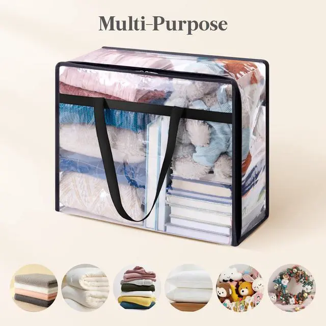 Alt view image 5 of 7 - 4 Pack Clear Clothes Storage Bags, 40L Plastic Blanket Storage Bag, Vinyl Foldable Moving Bags with Zipper, Closet Organizers and Storage Containers for Bedding, Duvet, Comforter