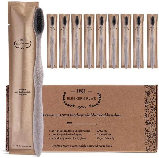 Main image of Biodegradable Eco-Friendly Toothbrushes - Individually Sealed - BPA Free Soft Bristles - Sustainable - Recycled Packaging (Pack of 10)