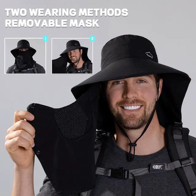 Alt view image 3 of 6 - Sun Hat for Men Women with Neck Flap,Wide Brim UPF50+ Fishing Hat with Detachable Face Cover Outdoor Sun Protection Hat