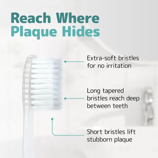 Alt view image 2 of 6 - Extra Soft Toothbrushes (Compact Size Head) Periodontist Design Tapered Bristles for Sensitive Teeth and Receding Gums, Individually Wrapped Plaque Remover Toothbrush (5 Pack, Colors May Vary)