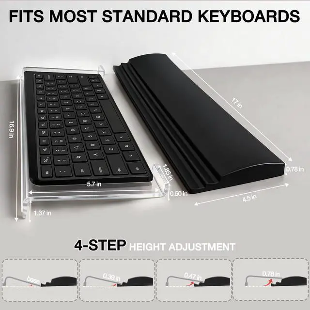 Alt view image 2 of 7 - Acrylic Keyboard Stand w/Silicone Wrist Rest 4-Level Height Adjustment, Ergonomic Holder 16.9 x 5.7 inches Computer Keyboard Riser for Easy Typing Office, Gaming, and Home Desks Clear