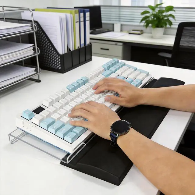 Alt view image 4 of 7 - Acrylic Keyboard Stand w/Silicone Wrist Rest 4-Level Height Adjustment, Ergonomic Holder 16.9 x 5.7 inches Computer Keyboard Riser for Easy Typing Office, Gaming, and Home Desks Clear