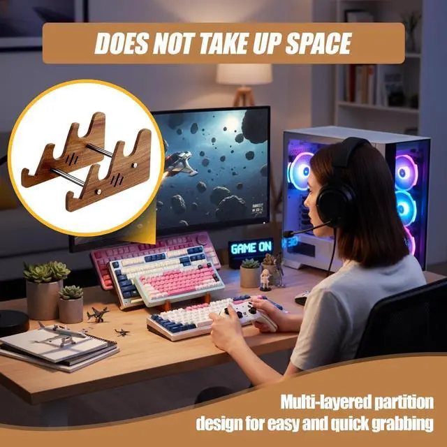 Alt view image 5 of 6 - 1 Set Keyboard Display Stand, 3-Tiers Wooden Mechanical Keyboard Stand Holder for Desk Keyboards Display Shelf Tray for Computer Tablet Picture Frame Desktop Storage Decor