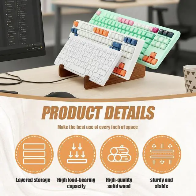Alt view image 2 of 6 - 1 Set Keyboard Display Stand, 3-Tiers Wooden Mechanical Keyboard Stand Holder for Desk Keyboards Display Shelf Tray for Computer Tablet Picture Frame Desktop Storage Decor