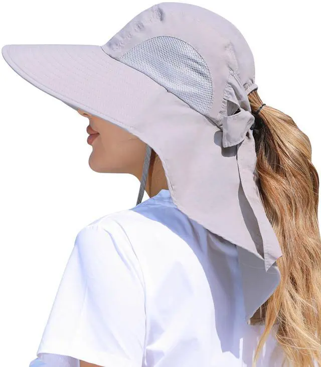 Main image of Womens Sun Hat Outdoor UV Protection Wide Brim Fishing Hat with Ponytail Hole Neck Flap for Beach Hiking Camping, Light Gray