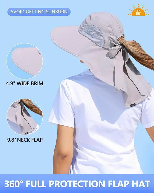 Alt view image 3 of 7 - Womens Sun Hat Outdoor UV Protection Wide Brim Fishing Hat with Ponytail Hole Neck Flap for Beach Hiking Camping, Light Gray