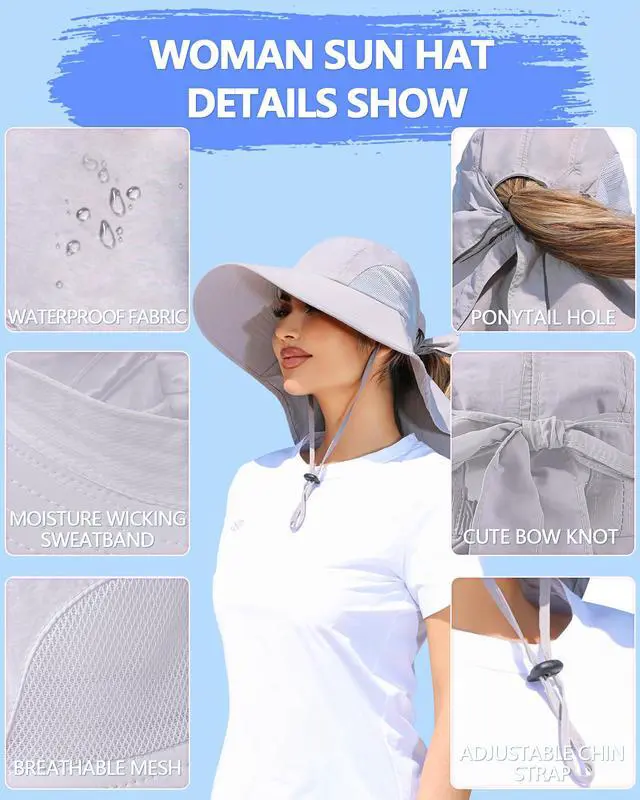Alt view image 5 of 7 - Womens Sun Hat Outdoor UV Protection Wide Brim Fishing Hat with Ponytail Hole Neck Flap for Beach Hiking Camping, Light Gray