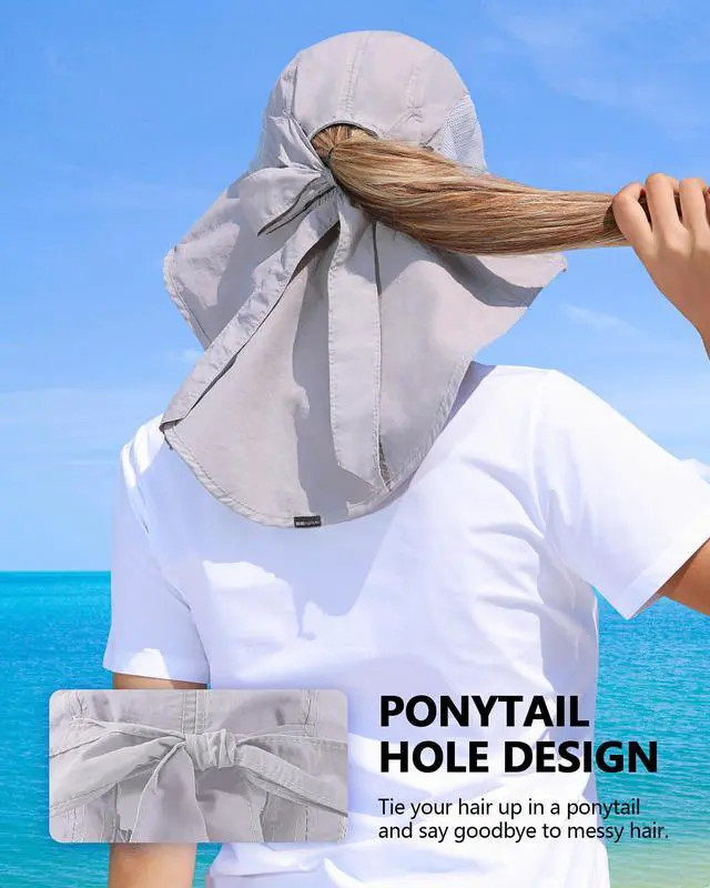 Alt view image 4 of 7 - Womens Sun Hat Outdoor UV Protection Wide Brim Fishing Hat with Ponytail Hole Neck Flap for Beach Hiking Camping, Light Gray