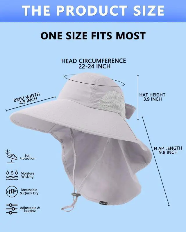 Alt view image 7 of 7 - Womens Sun Hat Outdoor UV Protection Wide Brim Fishing Hat with Ponytail Hole Neck Flap for Beach Hiking Camping, Light Gray