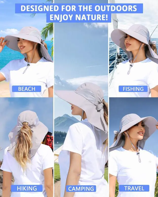 Alt view image 6 of 7 - Womens Sun Hat Outdoor UV Protection Wide Brim Fishing Hat with Ponytail Hole Neck Flap for Beach Hiking Camping, Light Gray