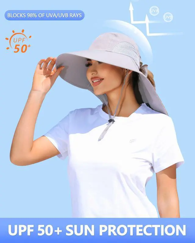 Alt view image 2 of 7 - Womens Sun Hat Outdoor UV Protection Wide Brim Fishing Hat with Ponytail Hole Neck Flap for Beach Hiking Camping, Light Gray