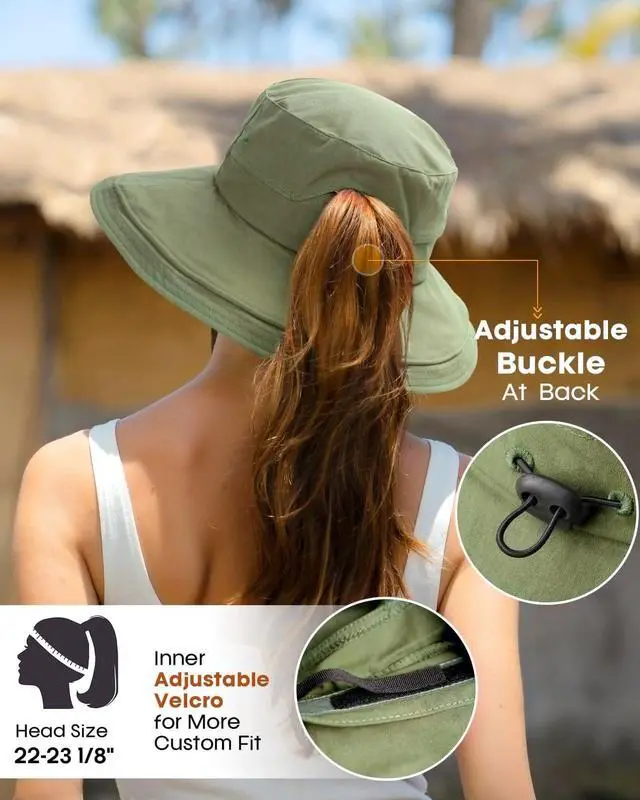 Alt view image 3 of 7 - for Women Gardening Hat Wide Brim Ponytail Beach Sun Protection Breathable Cotton Summer Hat with Fold-Up Brim Green