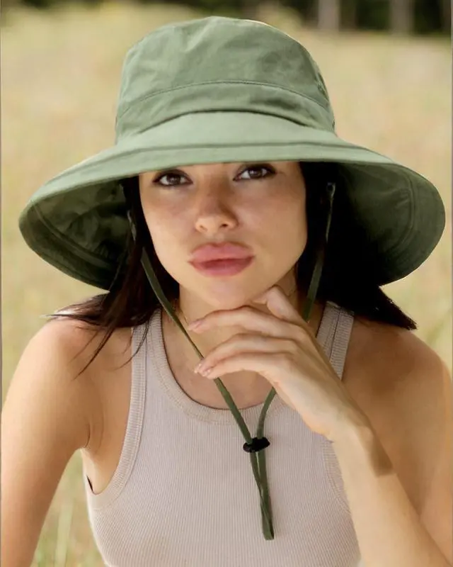 Alt view image 7 of 7 - for Women Gardening Hat Wide Brim Ponytail Beach Sun Protection Breathable Cotton Summer Hat with Fold-Up Brim Green