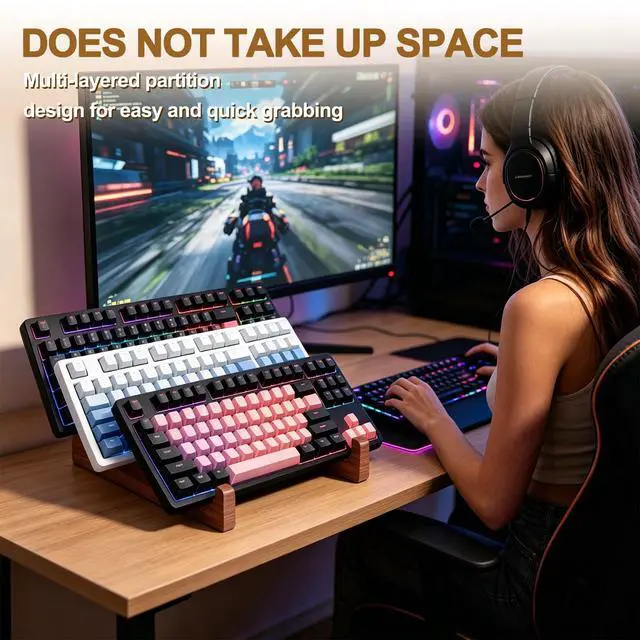 Alt view image 6 of 7 - 3-Tier Wood Keyboard Stand Detachable Display Rack for Mechanical Keyboards, Computer, Tablet, Desk Organizer with Sapele Wood, Easy Assembly, Strong Load Bearing for Office/Gaming
