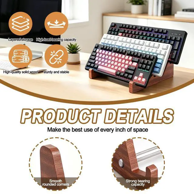 Alt view image 4 of 7 - 3-Tier Wood Keyboard Stand Detachable Display Rack for Mechanical Keyboards, Computer, Tablet, Desk Organizer with Sapele Wood, Easy Assembly, Strong Load Bearing for Office/Gaming
