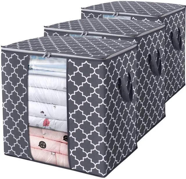 Main image of Storage Bags 3 Pack/100L Large Blanket Clothes Organization and Storage Containers for Comforters,Bedding, Foldable Organizer with Reinforced Handle, Clear Window, Sturdy Zippers,Gray
