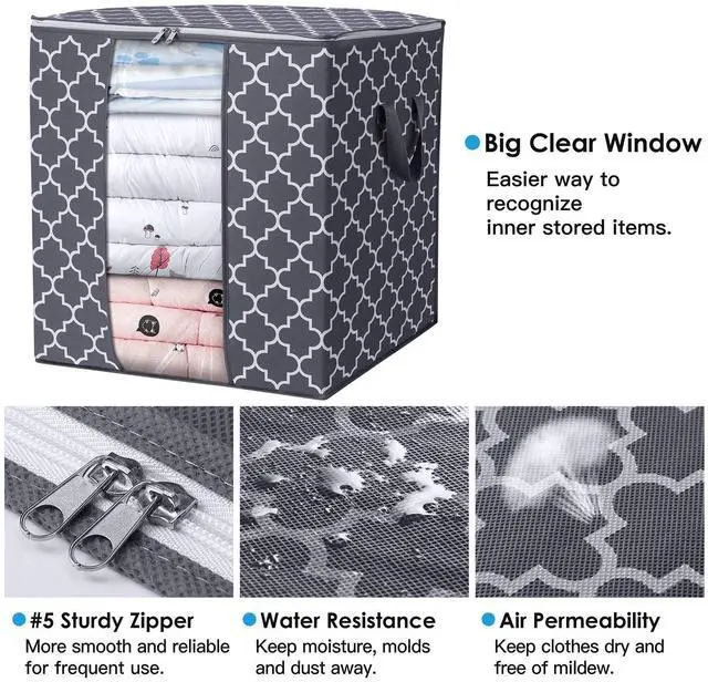 Alt view image 3 of 7 - Storage Bags 3 Pack/100L Large Blanket Clothes Organization and Storage Containers for Comforters,Bedding, Foldable Organizer with Reinforced Handle, Clear Window, Sturdy Zippers,Gray