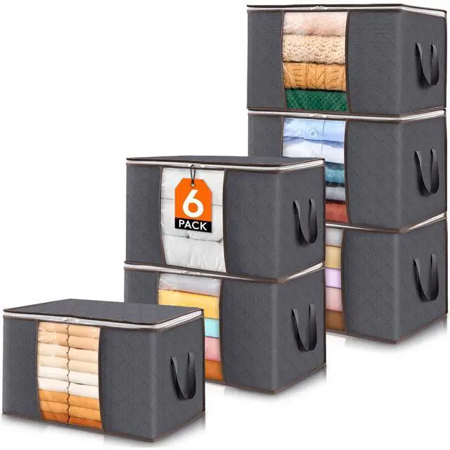 Main image of 6 Pack Clothes Storage Bins with Lids, Foldable Blanket Storage Bags with Zippers, Clear Window and Reinforced Handles, Closet and Organization for Clothing, Sweater, Comforter, Bedding