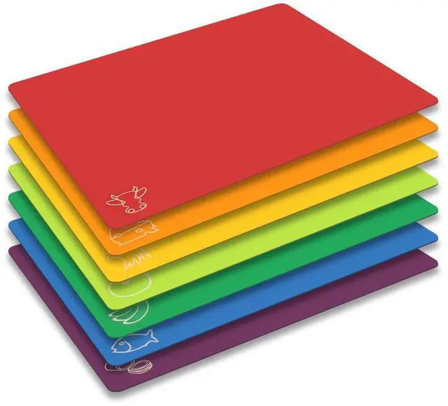Main image of Cutting Board Mats Flexible Plastic Colored Mats with Food Icons, BPA-Free, Non-Porous, Anti-skid back and Dishwasher Safe, Set of 7 Rainbow - 7 Pieces