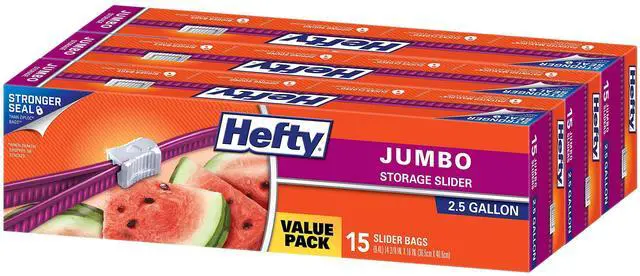 Main image of Hefty Slider Jumbo Storage Bags, 2.5 Gallon Size, 3 Boxes of 15 Bags (45 Total)