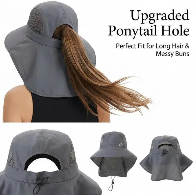 Alt view image 3 of 6 - UV Sun Protection Hat Women Foldable Neck Flap Wide Brim Hiking Hat with Ponytail Hole for Women Dark-Gray
