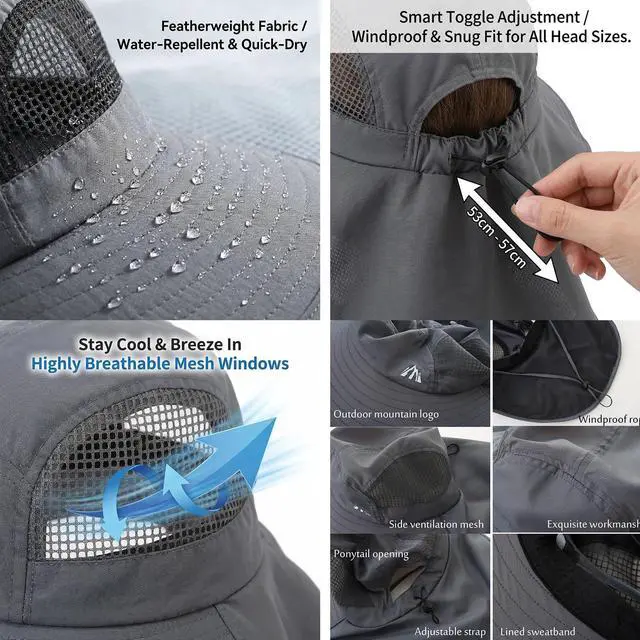 Alt view image 4 of 6 - UV Sun Protection Hat Women Foldable Neck Flap Wide Brim Hiking Hat with Ponytail Hole for Women Dark-Gray