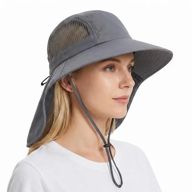 Main image of UV Sun Protection Hat Women Foldable Neck Flap Wide Brim Hiking Hat with Ponytail Hole for Women Dark-Gray