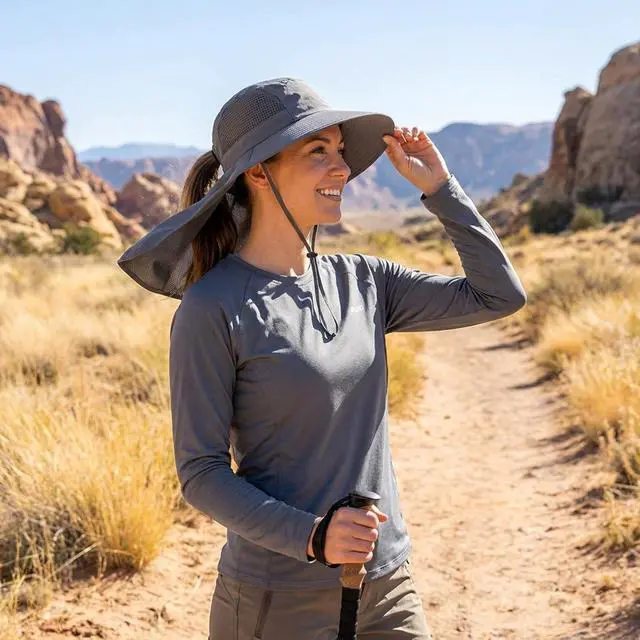 Alt view image 5 of 6 - UV Sun Protection Hat Women Foldable Neck Flap Wide Brim Hiking Hat with Ponytail Hole for Women Dark-Gray