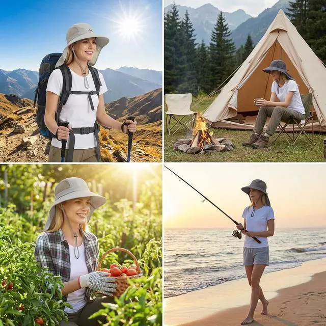 Alt view image 6 of 6 - UV Sun Protection Hat Women Foldable Neck Flap Wide Brim Hiking Hat with Ponytail Hole for Women Dark-Gray