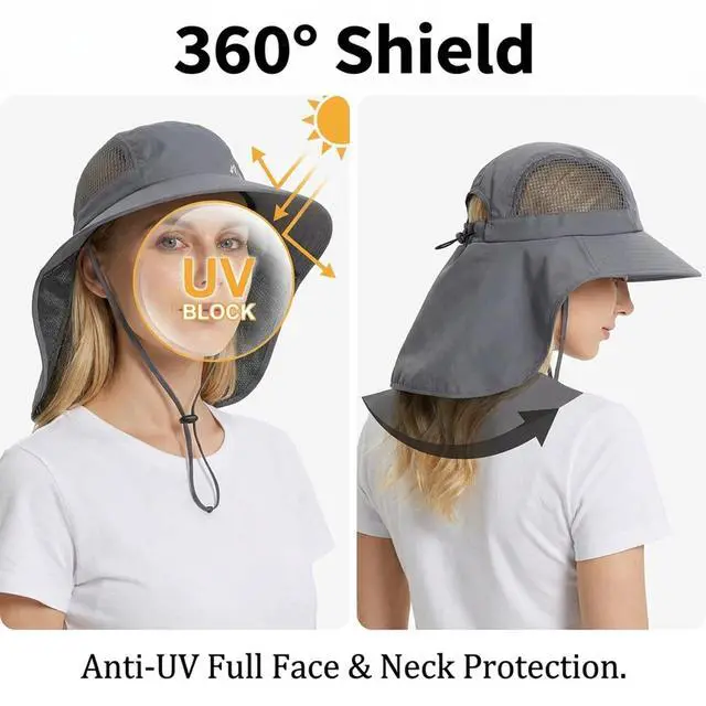 Alt view image 2 of 6 - UV Sun Protection Hat Women Foldable Neck Flap Wide Brim Hiking Hat with Ponytail Hole for Women Dark-Gray