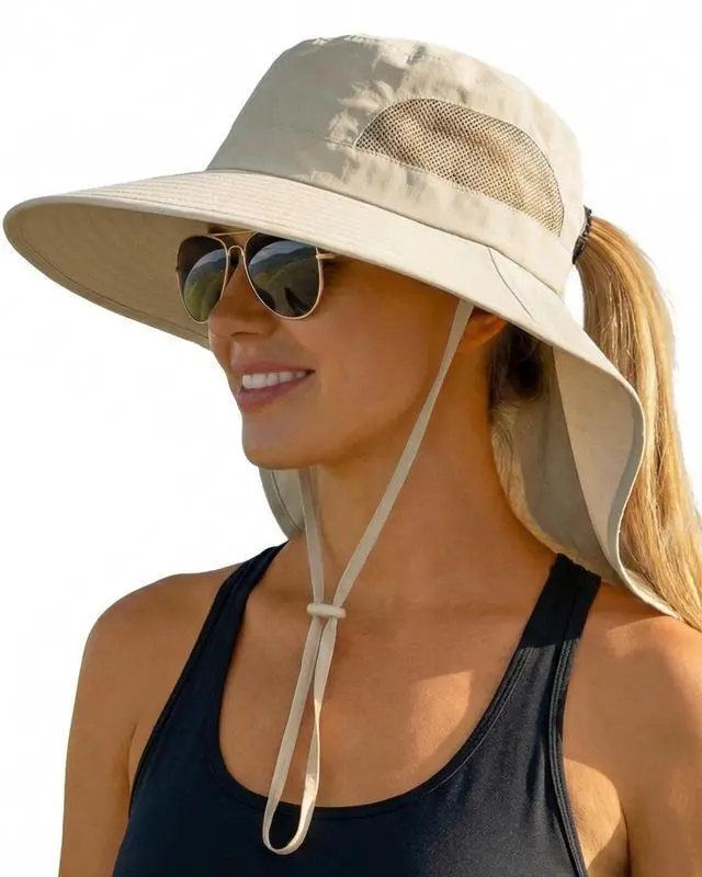 Main image of Women Sun Hats UV Protection Wide Brim Packable Bucket Hat with Ponytail Hole Neck Cover for Summer Outdoor Beach Hiking Fishing (Beige)