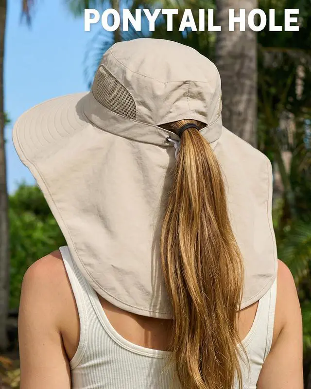 Alt view image 3 of 6 - Women Sun Hats UV Protection Wide Brim Packable Bucket Hat with Ponytail Hole Neck Cover for Summer Outdoor Beach Hiking Fishing (Beige)