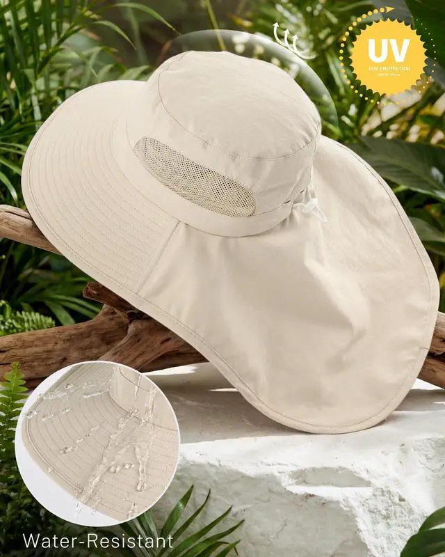 Alt view image 4 of 6 - Women Sun Hats UV Protection Wide Brim Packable Bucket Hat with Ponytail Hole Neck Cover for Summer Outdoor Beach Hiking Fishing (Beige)
