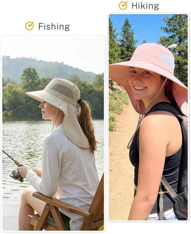 Alt view image 6 of 6 - Women Sun Hats UV Protection Wide Brim Packable Bucket Hat with Ponytail Hole Neck Cover for Summer Outdoor Beach Hiking Fishing (Beige)