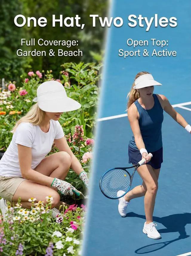 Alt view image 3 of 7 - 2-in-1 Womens Sun Visor Hat Wide Brim Sun Hat Zipper Off Ponytail Friendly, Lightweight Quick Dry, Summer UV Protection, White