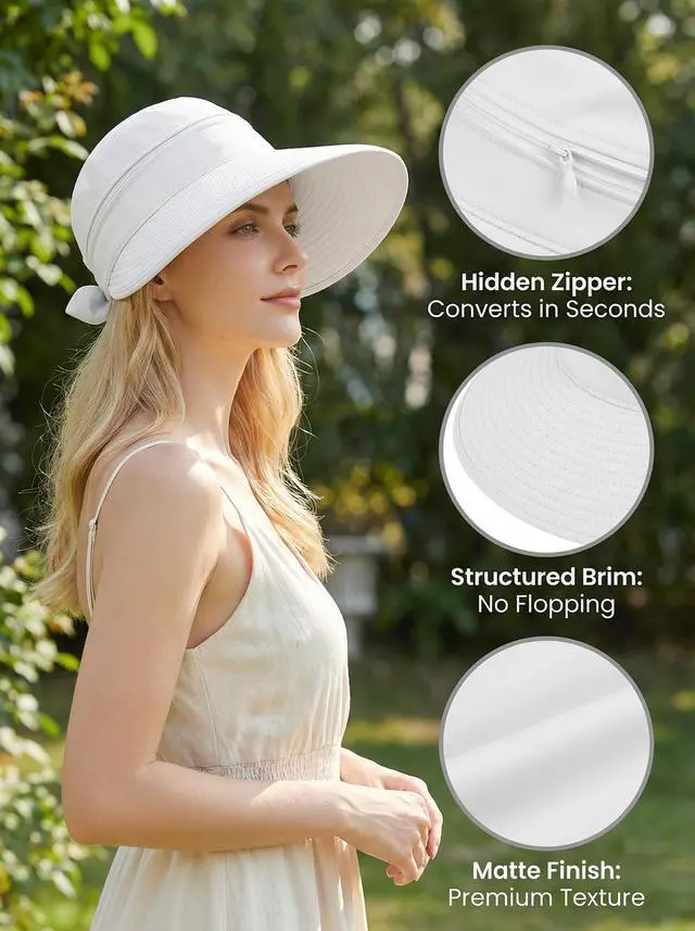 Alt view image 5 of 7 - 2-in-1 Womens Sun Visor Hat Wide Brim Sun Hat Zipper Off Ponytail Friendly, Lightweight Quick Dry, Summer UV Protection, White