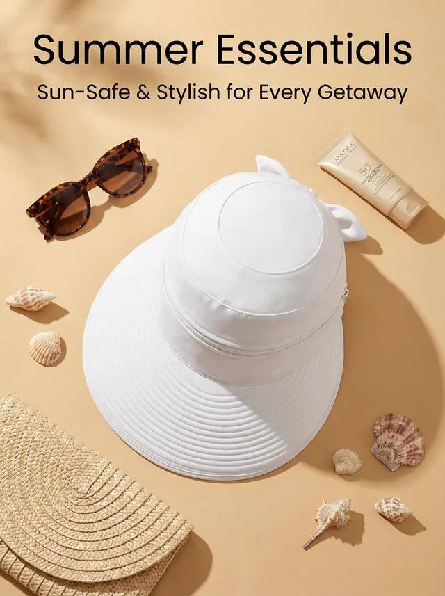 Alt view image 6 of 7 - 2-in-1 Womens Sun Visor Hat Wide Brim Sun Hat Zipper Off Ponytail Friendly, Lightweight Quick Dry, Summer UV Protection, White