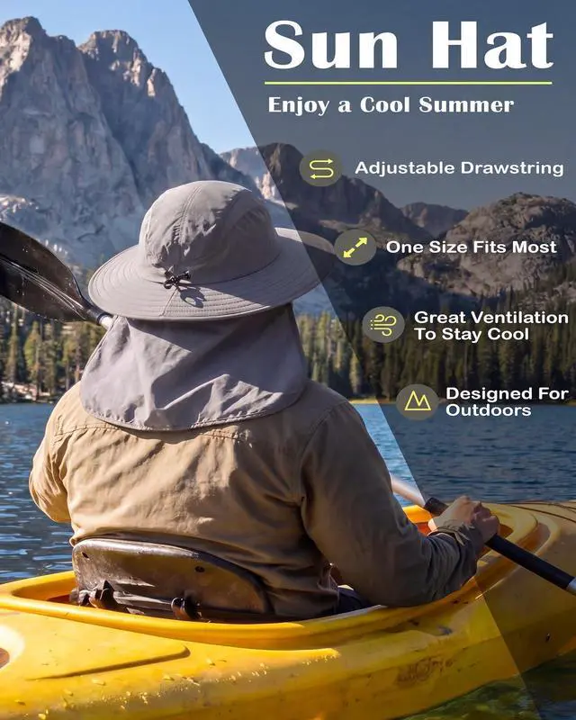 Alt view image 2 of 5 - UPF 50+ Mens Sun Hat Wide Brim Fishing Hat with Neck Flap Sun Hat for Men Women Beach Gardening Sun Protection Cap Dark Gray