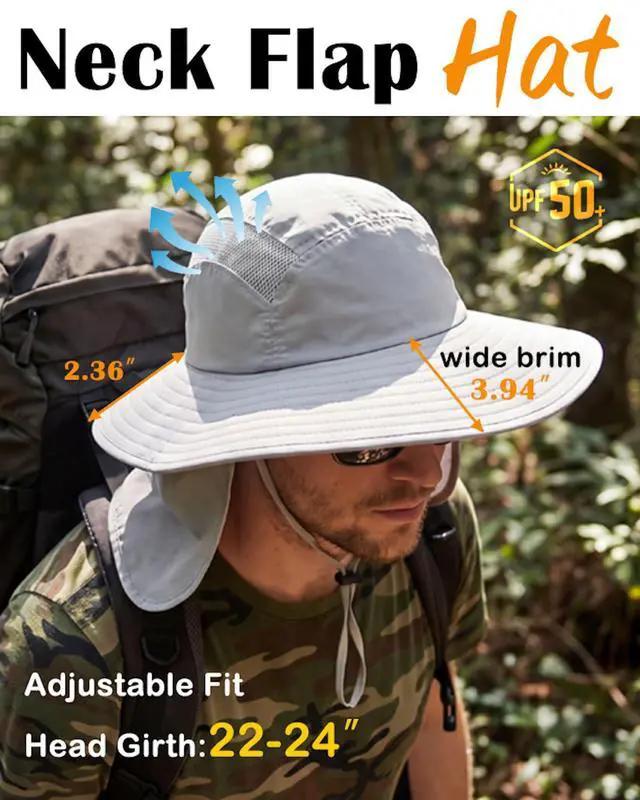 Alt view image 3 of 5 - UPF 50+ Mens Sun Hat Wide Brim Fishing Hat with Neck Flap Sun Hat for Men Women Beach Gardening Sun Protection Cap Dark Gray