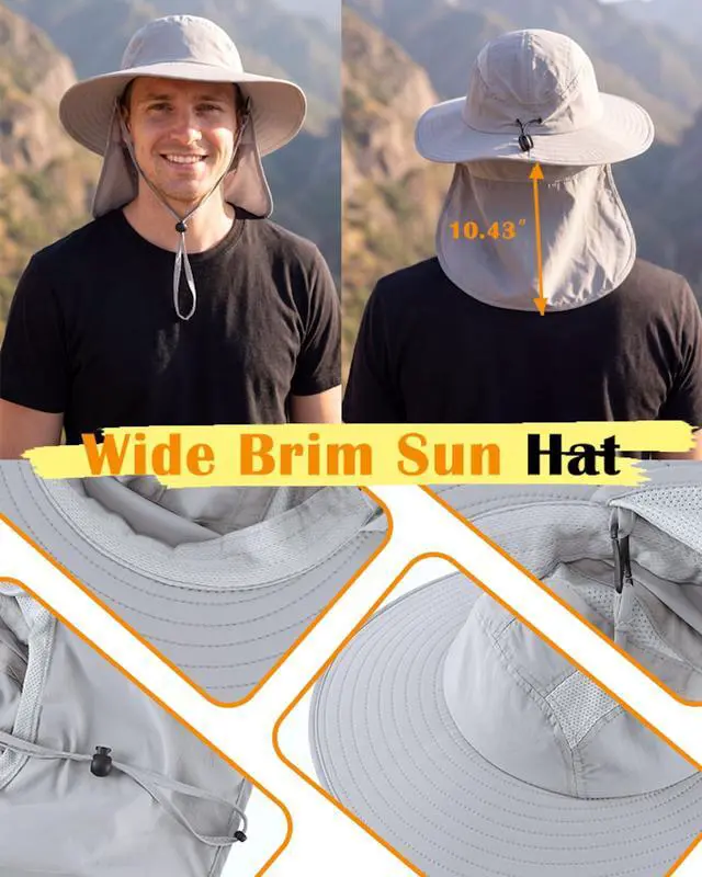 Alt view image 4 of 5 - UPF 50+ Mens Sun Hat Wide Brim Fishing Hat with Neck Flap Sun Hat for Men Women Beach Gardening Sun Protection Cap Dark Gray