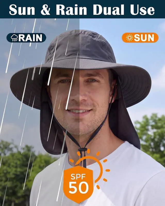 Alt view image 5 of 5 - UPF 50+ Mens Sun Hat Wide Brim Fishing Hat with Neck Flap Sun Hat for Men Women Beach Gardening Sun Protection Cap Dark Gray