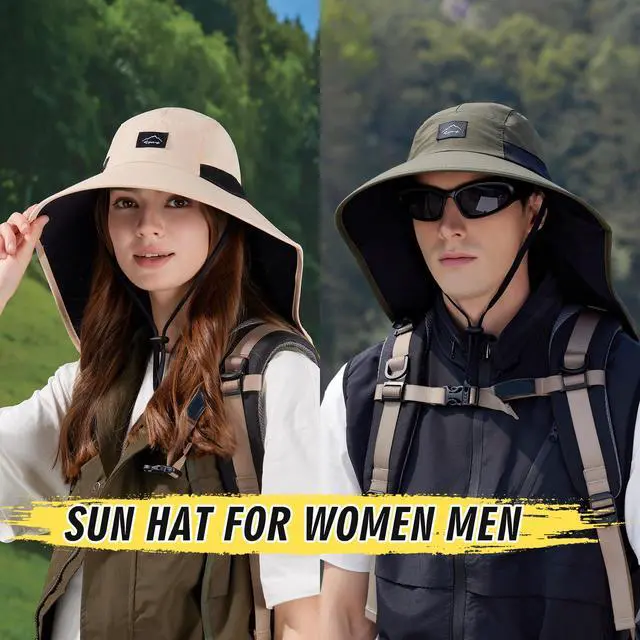 Alt view image 5 of 6 - Outdoor Sun Hat for Men Women, UPF50+ Protection Safari Cap Wide Brim Mesh Fishing Hat with Neck Flap Beach Garden
