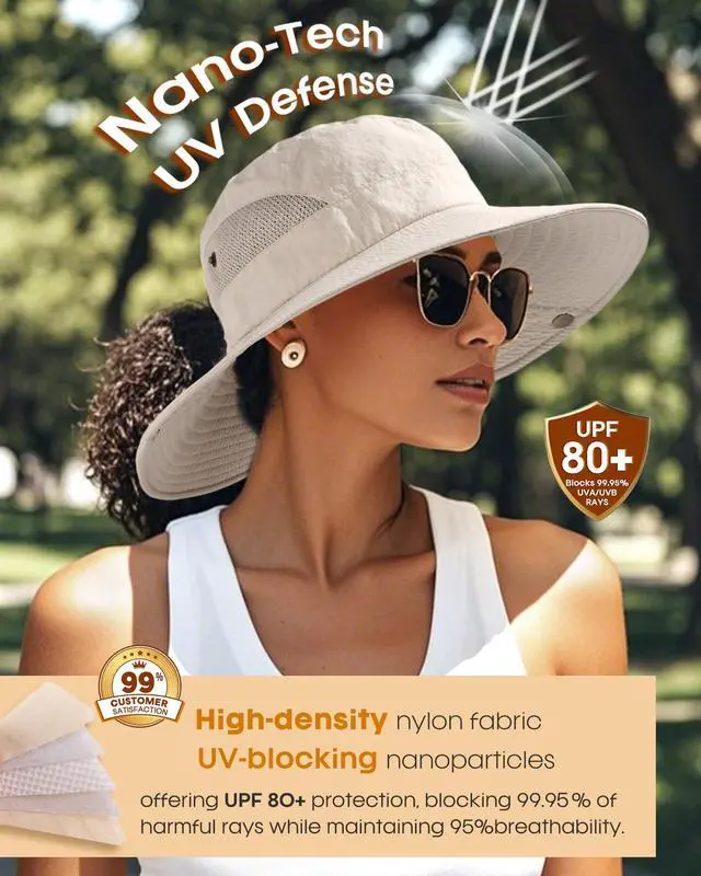 Alt view image 2 of 7 - Womens Sun Hat Beach Summer Wide Brim UPF 50+ Outdoor Protection Foldable Lightweight Ponytail Bucket Hat Beige, One Size