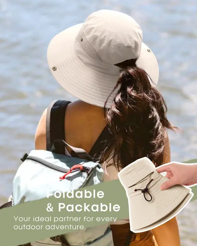 Alt view image 4 of 7 - Womens Sun Hat Beach Summer Wide Brim UPF 50+ Outdoor Protection Foldable Lightweight Ponytail Bucket Hat Beige, One Size