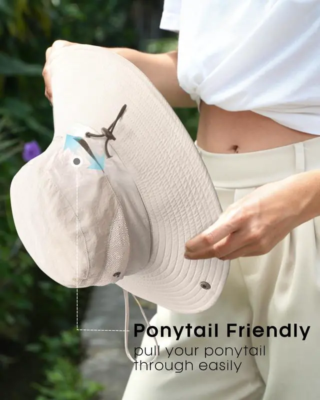 Alt view image 5 of 7 - Womens Sun Hat Beach Summer Wide Brim UPF 50+ Outdoor Protection Foldable Lightweight Ponytail Bucket Hat Beige, One Size