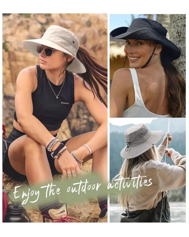 Alt view image 6 of 7 - Womens Sun Hat Beach Summer Wide Brim UPF 50+ Outdoor Protection Foldable Lightweight Ponytail Bucket Hat Beige, One Size