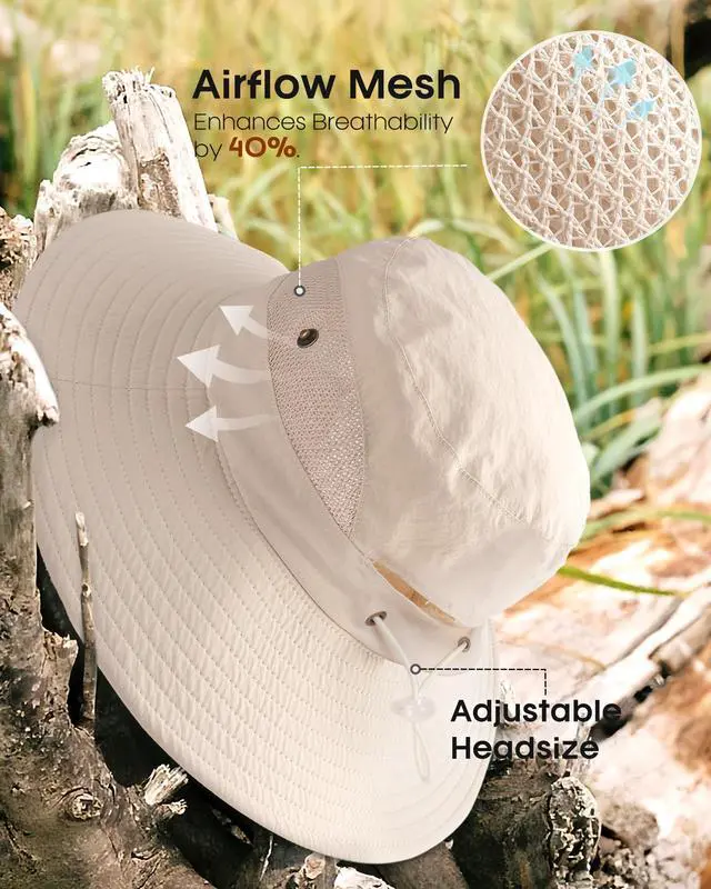 Alt view image 7 of 7 - Womens Sun Hat Beach Summer Wide Brim UPF 50+ Outdoor Protection Foldable Lightweight Ponytail Bucket Hat Beige, One Size