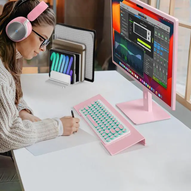 Alt view image 5 of 7 - Ergonomic Computer Keyboard Stand - 17 Inch Pink Acrylic Keyboard Riser for Desk Tilted Keyboard Holder Tray with Non-Slip Strip for Home Office Easy Typing & Working