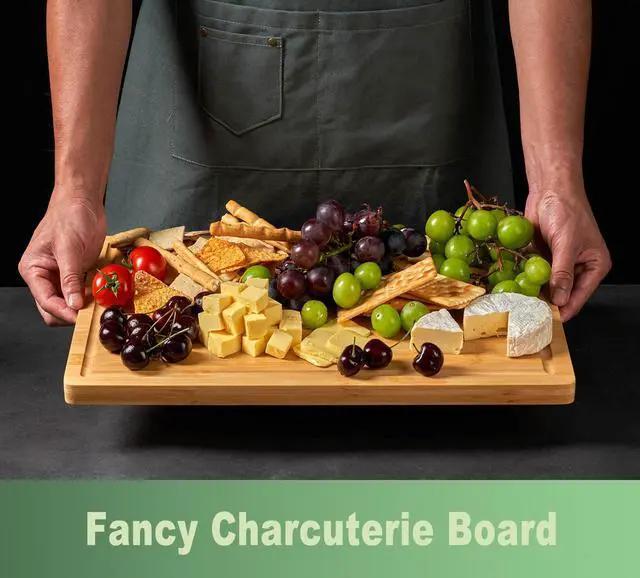 Alt view image 3 of 6 - Bamboo Cutting Board for Kitchen, 18" Large Wood Charcuterie Cheese Board, Wooden Chopping Block with Side Handles and Juice Grooves