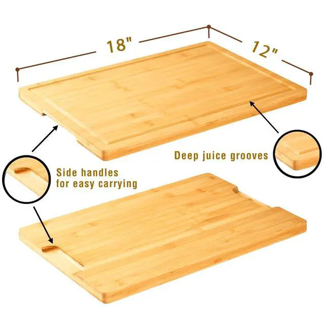 Alt view image 4 of 6 - Bamboo Cutting Board for Kitchen, 18" Large Wood Charcuterie Cheese Board, Wooden Chopping Block with Side Handles and Juice Grooves
